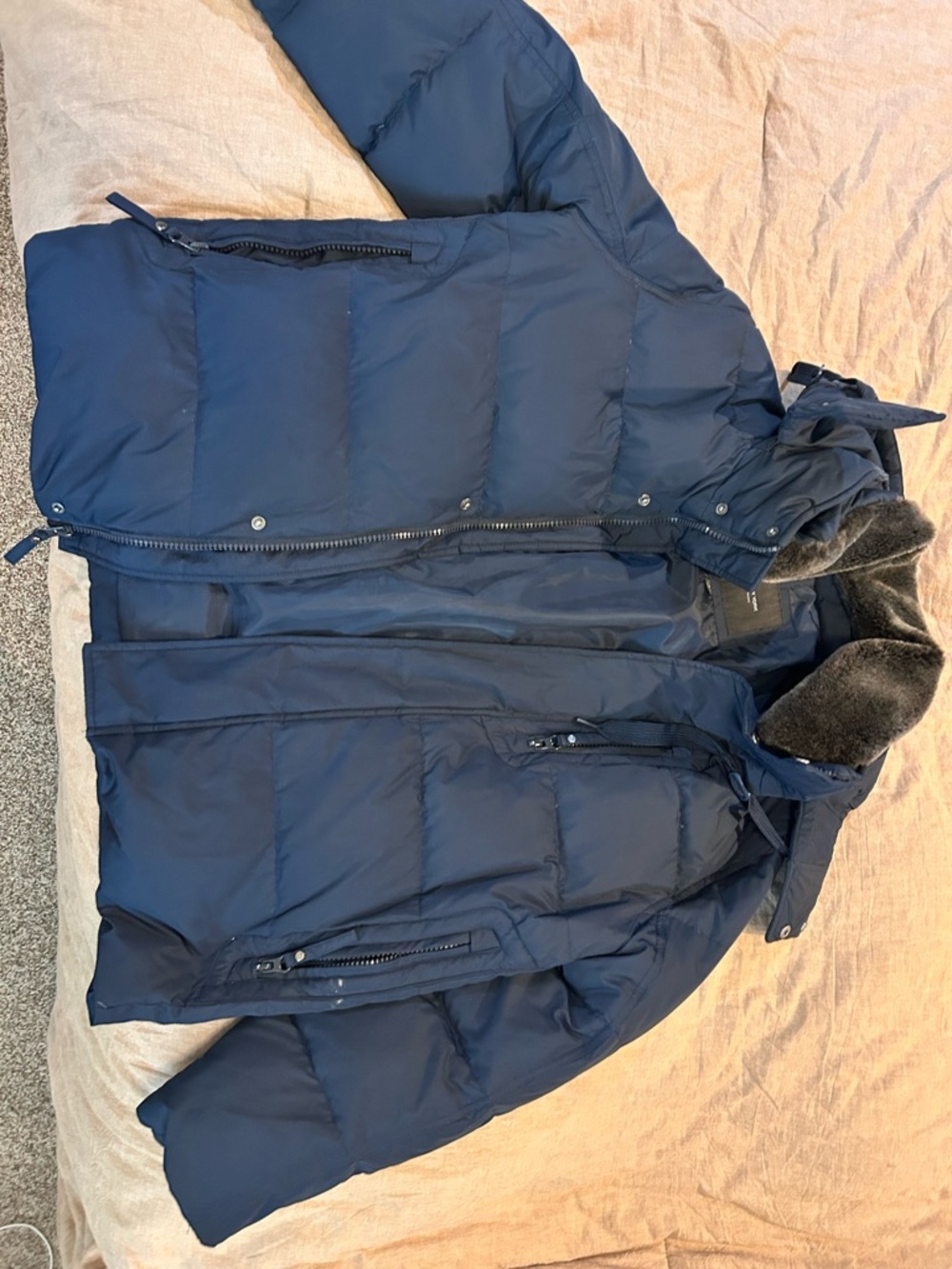 Marc New York Navy Quilted Puffer Jacket with Faux Fur Trim